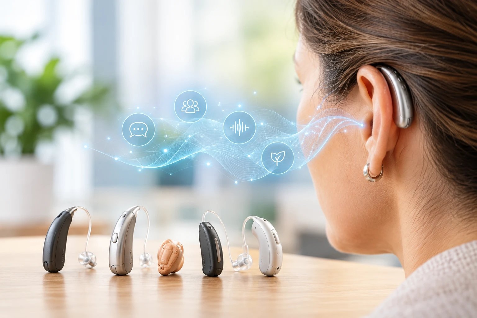 Distintos modelos de audífonos sobre una mesa y una mujer con un audífono, con ondas de sonido e iconos de inteligencia artificial