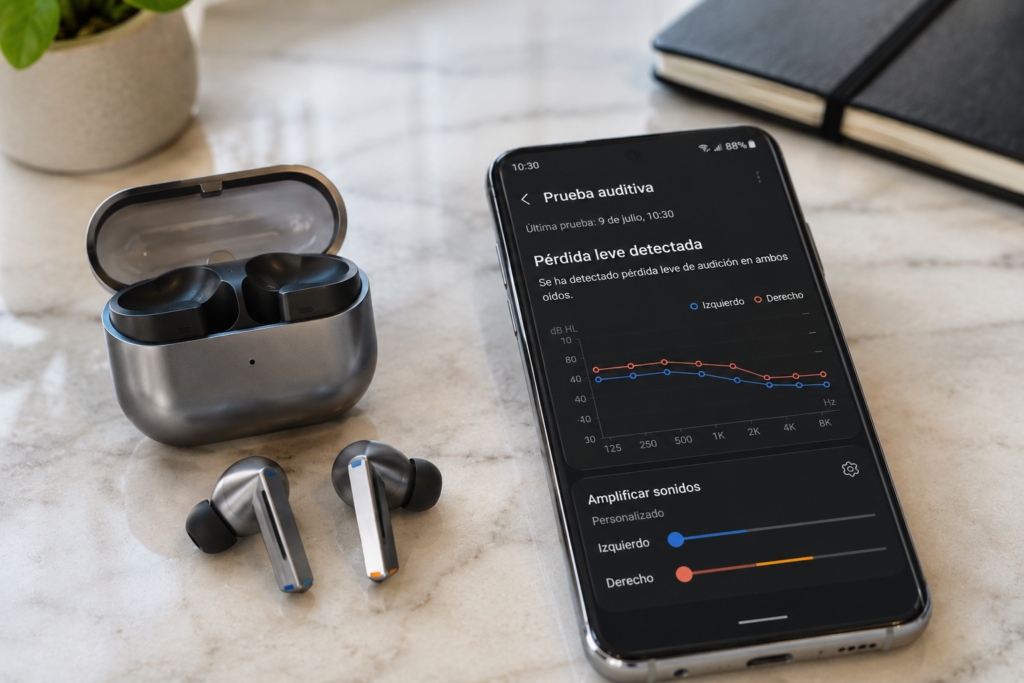 Auriculares Galaxy Buds junto a un móvil mostrando el resultado de una prueba auditiva con audiograma