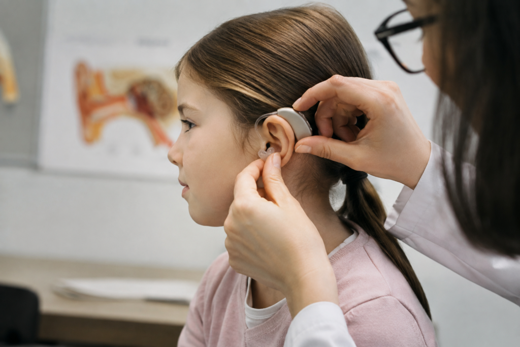 Audióloga colocando un audífono a una niña, con un póster de la anatomía del oído de fondo