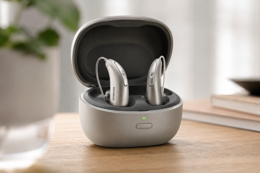 Audífonos Phonak EON dentro de su estuche de carga sobre una mesa de madera